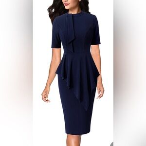 Bow Tie Neck Asymmetrical Peplum Business Office Pencil Dress - Navy Blue